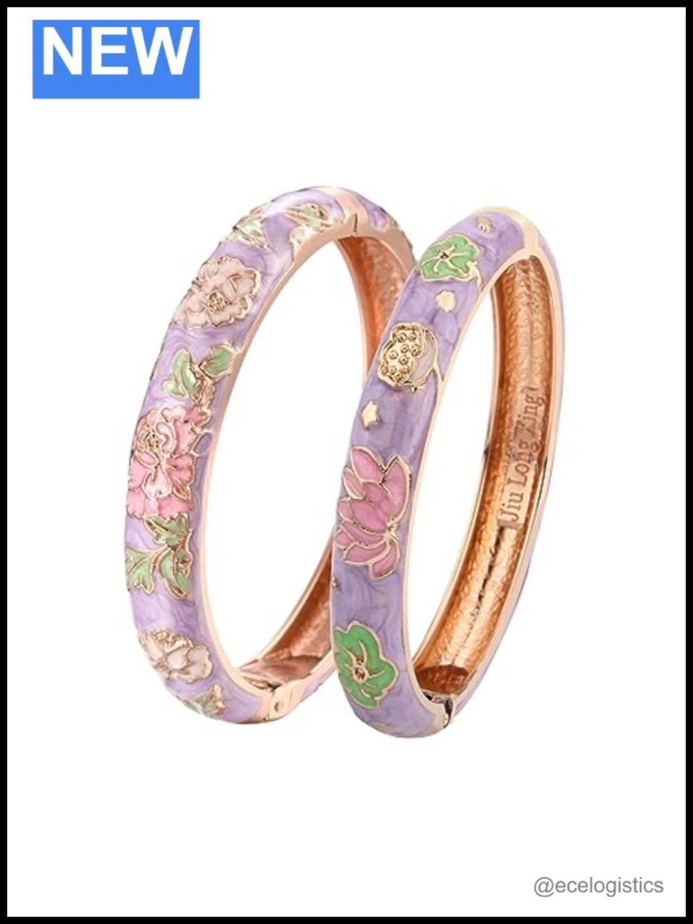 UJOY 2 Pc Cloisonne Enamel Flower Bangle Bracelet Set Gift Box